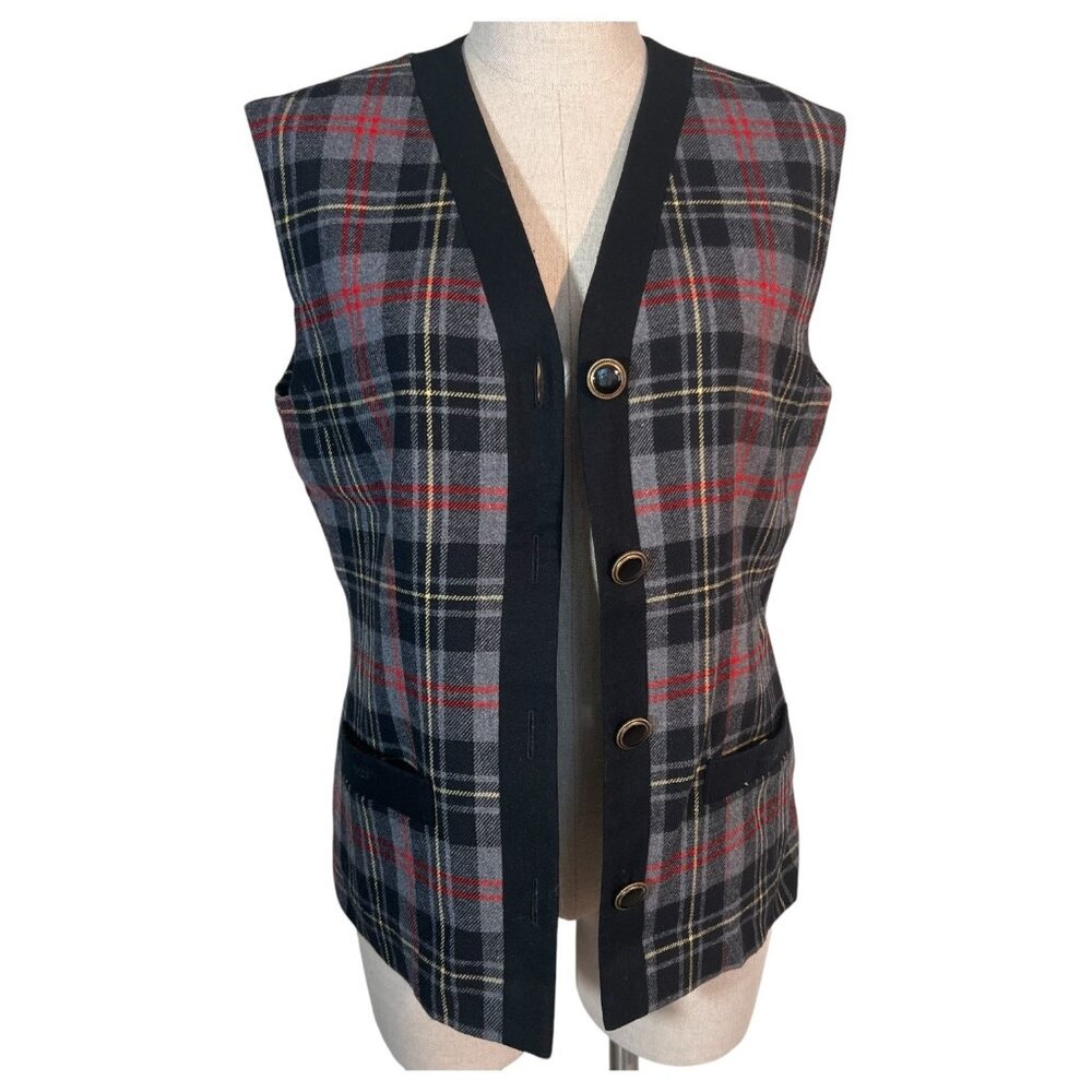 Vintage Pendleton Womens Tartan Gray Plaid Wool Vest Black Belvet Trim  Size 6 - Picture 2 of 9